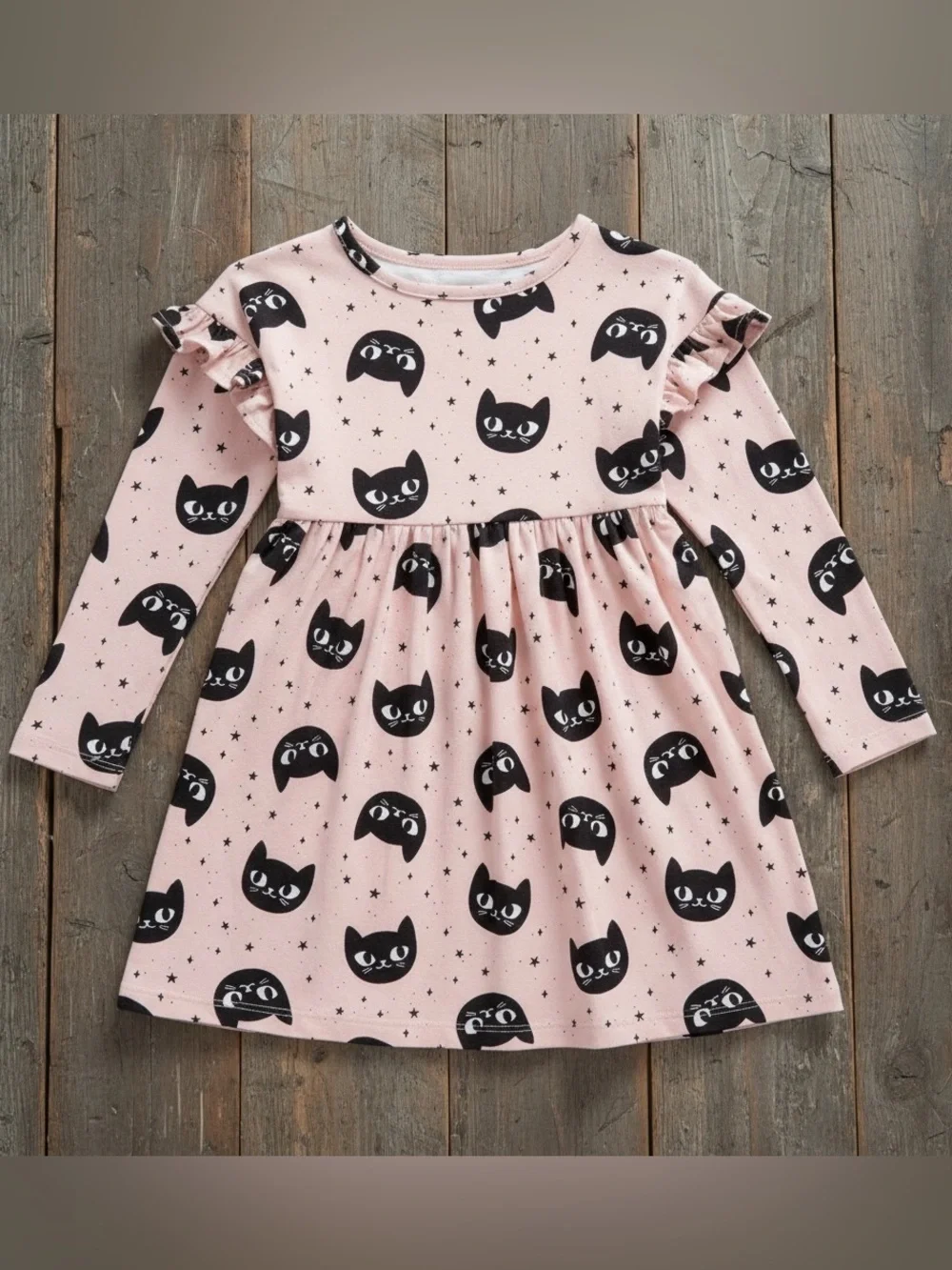 Cat & Jack Black Cat Print Fit & Flare Knee Length Ruffle Long Sleeve Dress 5T